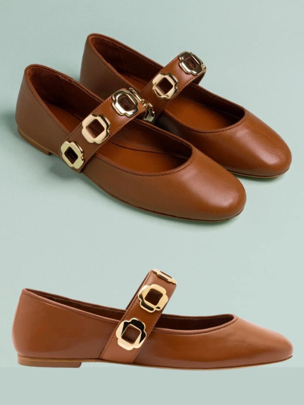 Larroude Milan Ballet Flat Caramel Leather Gold Buckle Mary Jane NWT